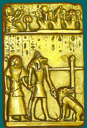 gypten Relief Totengericht, Altgyptischer Gottheit Anubis bei der Herzwgung.